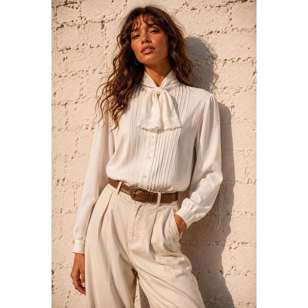 Vintage Judy Bond White Blouse Lace Tie Neck Pintuck‎ Pleated Top M/L